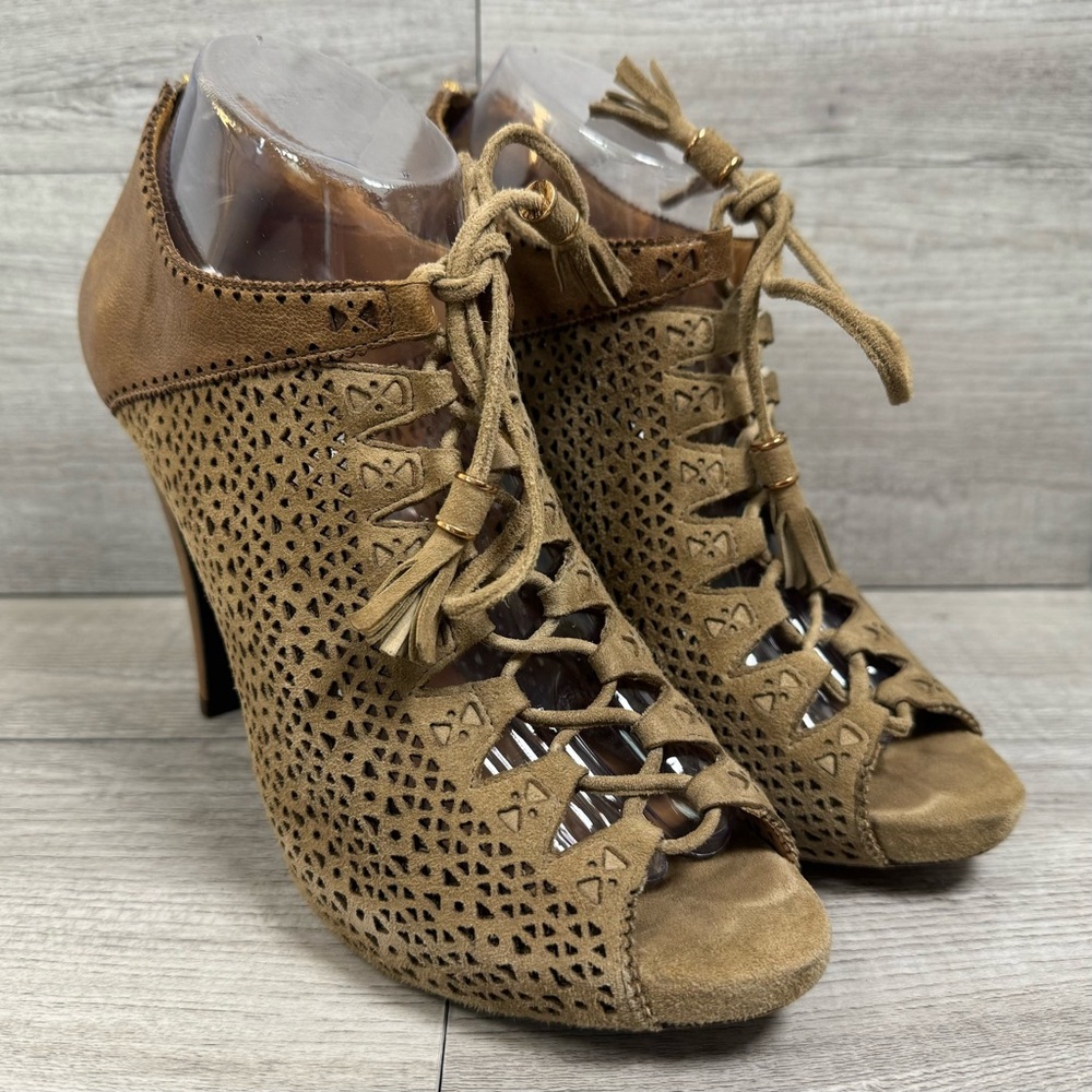 Aerin Claremont 4" High Heel Lasercut Lace Up Coffee Suede Mules Open Toe Bootie